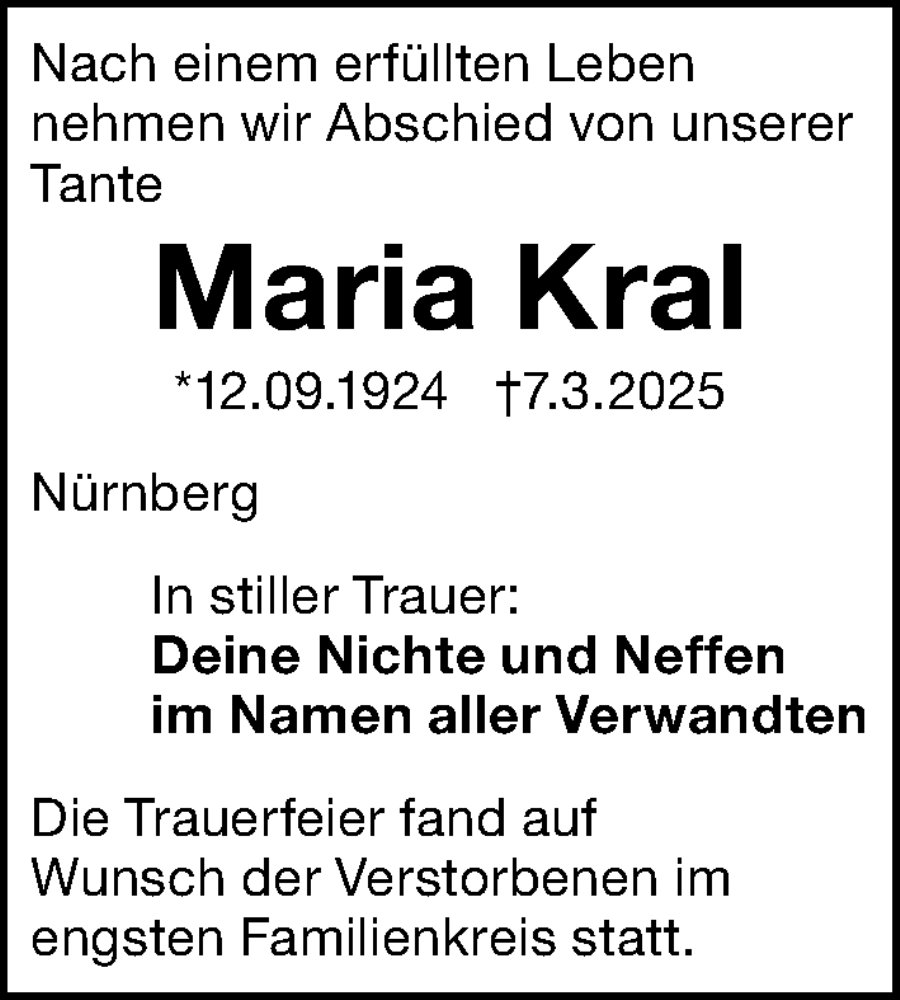  Traueranzeige für Maria Kral vom 10.05.2025 aus Gesamtausgabe Nürnberger Nachrichten/ Nürnberger Ztg.