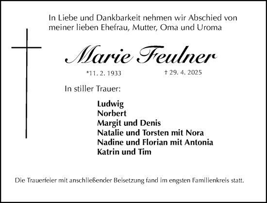 Traueranzeige von Marie Feulner von Erlanger Nachrichten Lokal