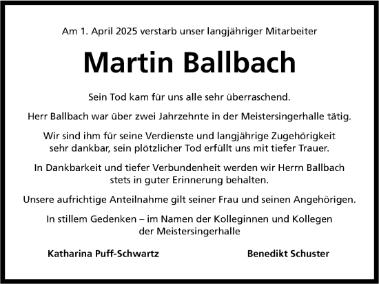 Traueranzeige von Martin Ballbach von Gesamtausgabe Nürnberger Nachrichten/ Nürnberger Ztg.