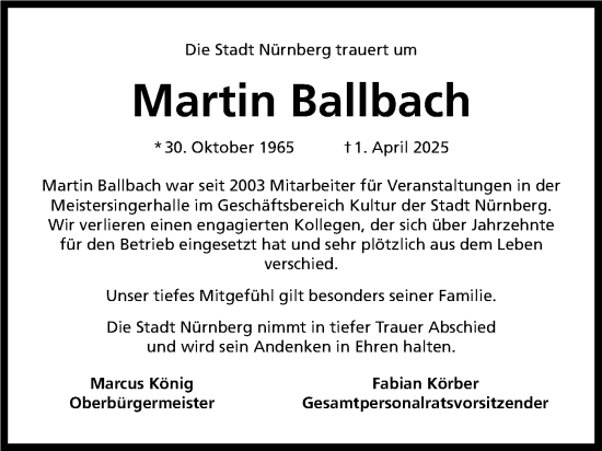 Traueranzeige von Martin Ballbach von Gesamtausgabe Nürnberger Nachrichten/ Nürnberger Ztg.