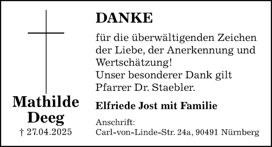 Traueranzeige von Mathilde Deeg von Gesamtausgabe Nürnberger Nachrichten/ Nürnberger Ztg.