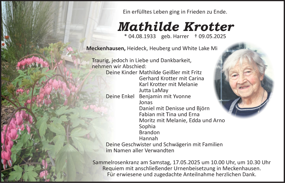  Traueranzeige für Mathilde Krotter vom 15.05.2025 aus Roth-Hilpoltsteiner Volkszeitung Lokal