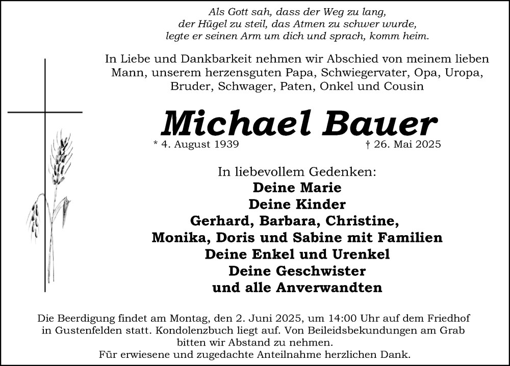  Traueranzeige für Michael Bauer vom 31.05.2025 aus Schwabacher Tagblatt Lokal