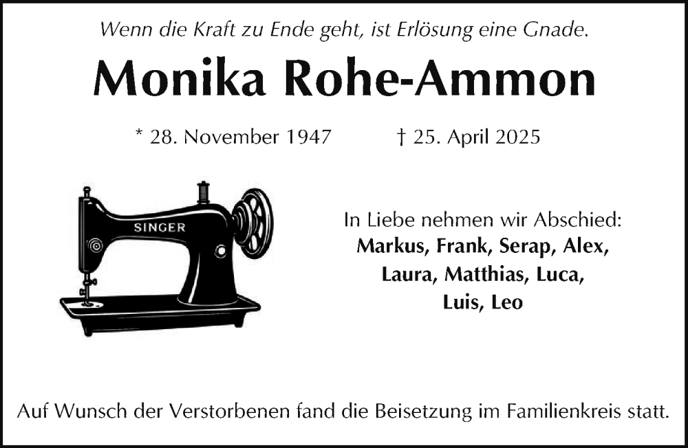  Traueranzeige für Monika Rohe-Ammon vom 24.05.2025 aus Fürther Nachrichten Lokal