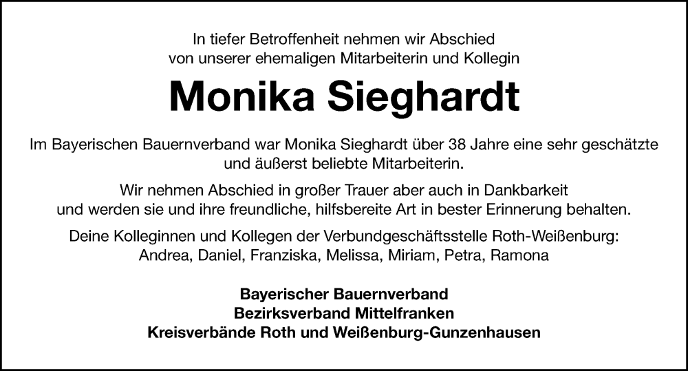  Traueranzeige für Monika Sieghardt vom 22.05.2025 aus Roth-Hilpoltsteiner Volkszeitung Lokal