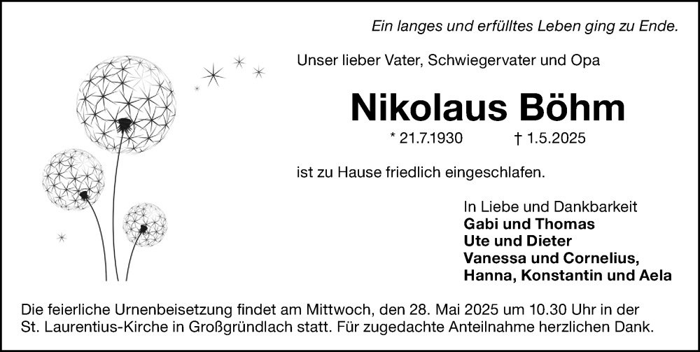  Traueranzeige für Nikolaus Böhm vom 24.05.2025 aus Gesamtausgabe Nürnberger Nachrichten/ Nürnberger Ztg.