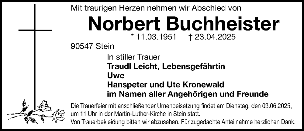  Traueranzeige für Norbert Buchheister vom 31.05.2025 aus Fürther Nachrichten Lokal