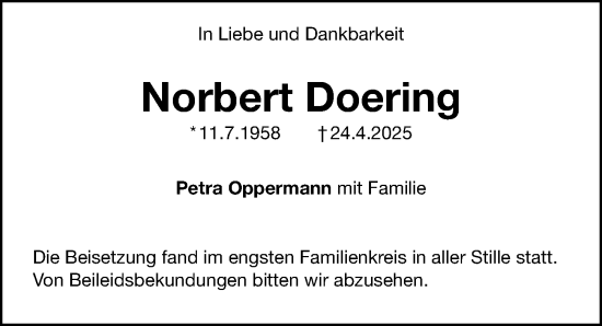 Traueranzeige von Norbert Doering von Gesamtausgabe Nürnberger Nachrichten/ Nürnberger Ztg.