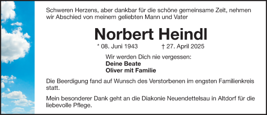 Traueranzeige von Norbert Heindl von Gesamtausgabe Nürnberger Nachrichten/ Nürnberger Ztg.