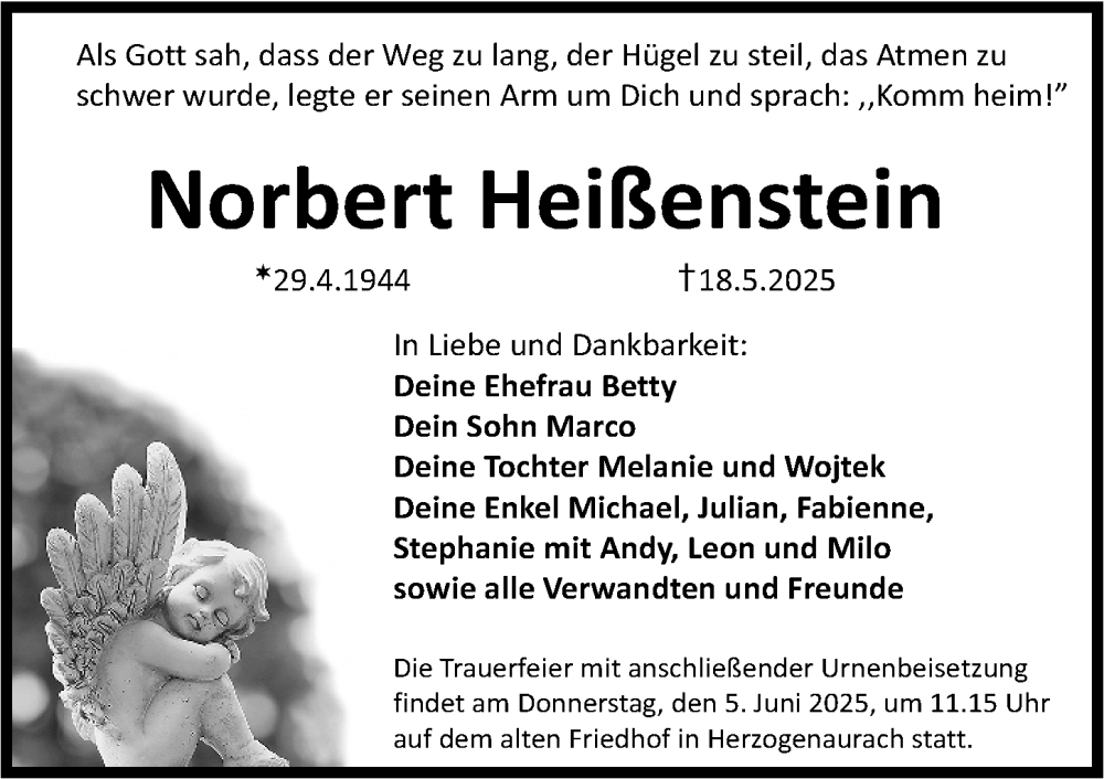  Traueranzeige für Norbert Heißenstein vom 31.05.2025 aus Nordbayerische Nachrichten Herzogenaurach Lokal