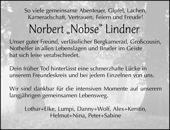 Traueranzeige von Norbert Lindner von Gesamtausgabe Nürnberger Nachrichten/ Nürnberger Ztg.