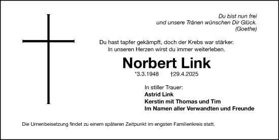 Traueranzeige von Norbert Link von Fürther Nachrichten Lokal
