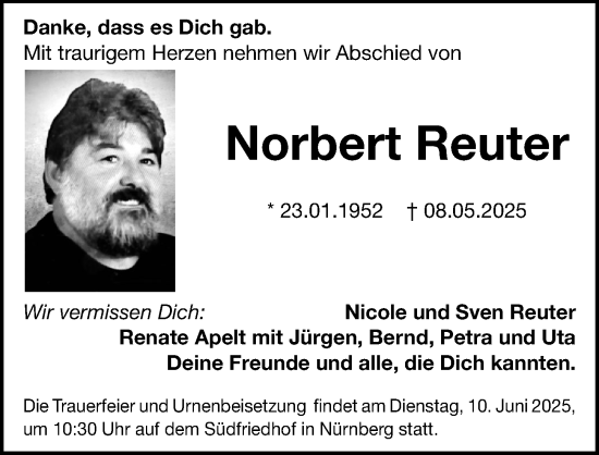 Traueranzeige von Norbert Reuter von Gesamtausgabe Nürnberger Nachrichten/ Nürnberger Ztg.