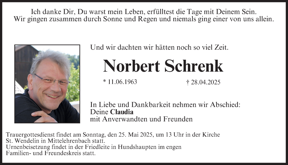  Traueranzeige für Norbert Schrenk vom 17.05.2025 aus Erlanger Nachrichten Lokal