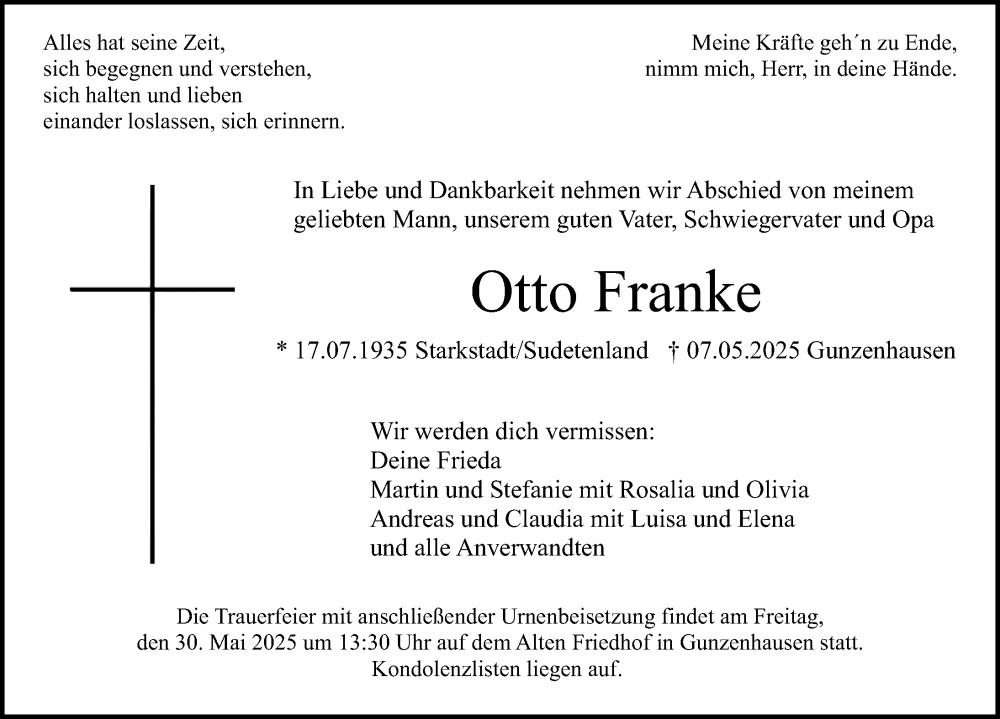  Traueranzeige für Otto Franke vom 24.05.2025 aus Altmühl-Bote Lokal