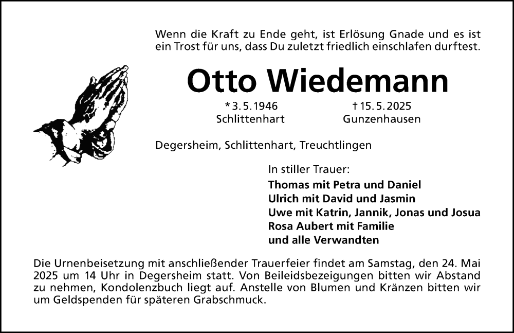  Traueranzeige für Otto Wiedemann vom 21.05.2025 aus Altmühl-Bote Lokal