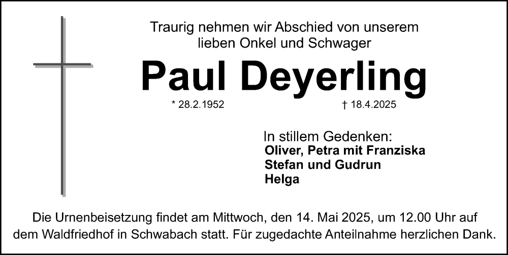  Traueranzeige für Paul Deyerling vom 10.05.2025 aus Schwabacher Tagblatt Lokal