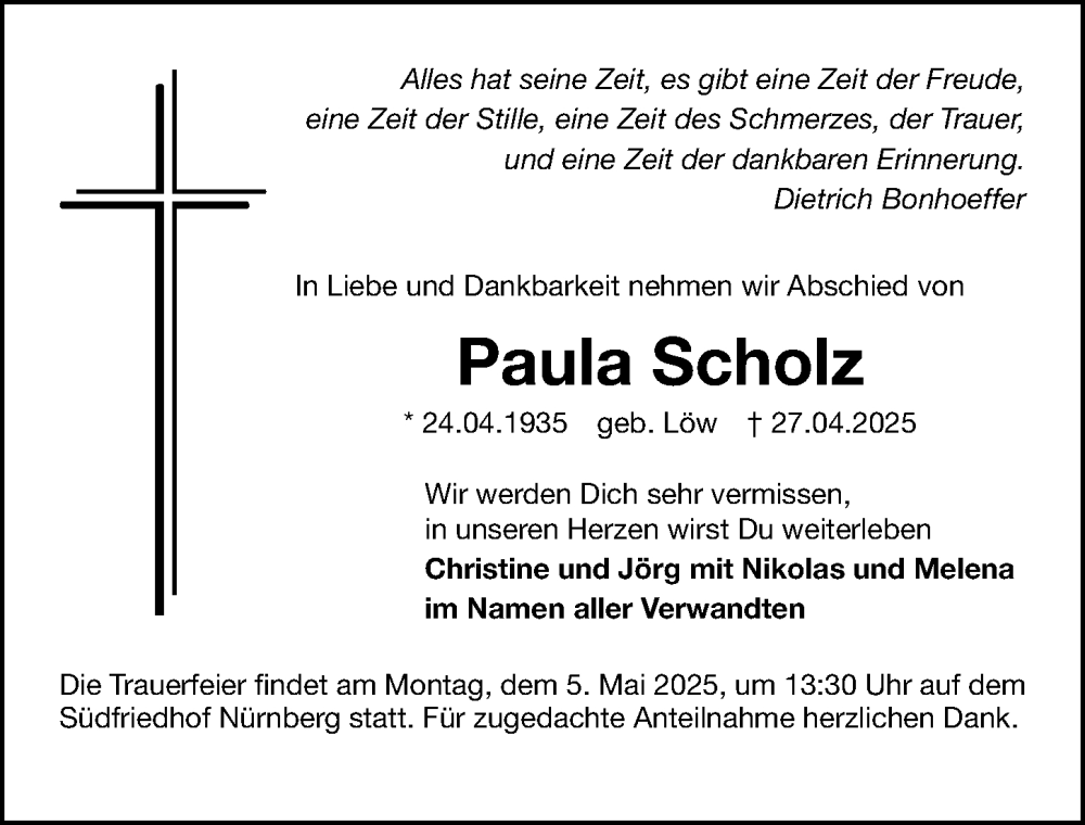 Traueranzeige für Paula Scholz vom 03.05.2025 aus Gesamtausgabe Nürnberger Nachrichten/ Nürnberger Ztg.
