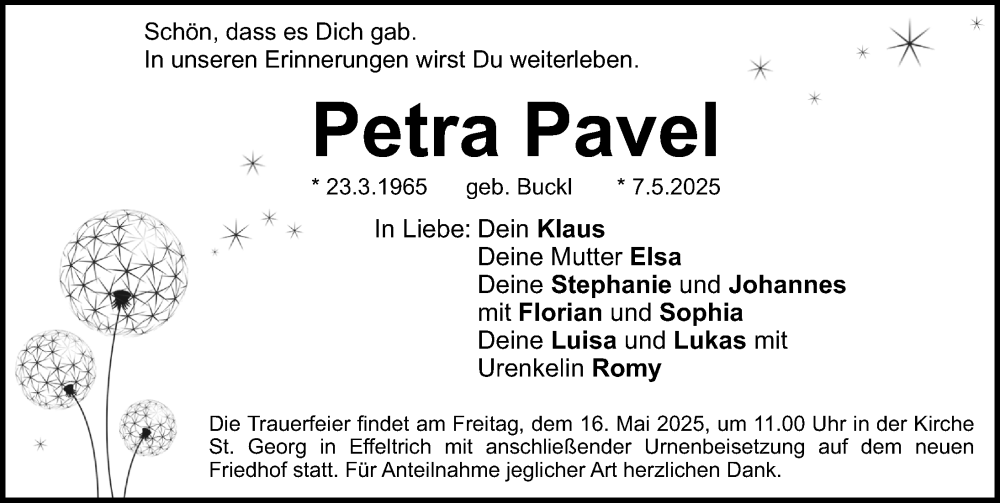  Traueranzeige für Petra Pavel vom 10.05.2025 aus Nordbayerische Nachrichten Forchheim Lokal