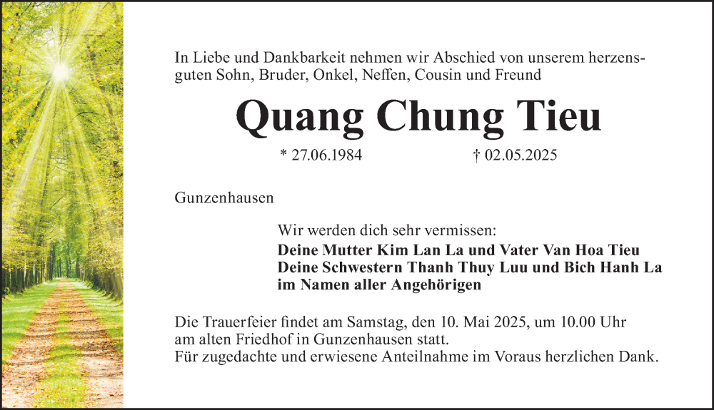  Traueranzeige für Quang Chung Tieu vom 07.05.2025 aus Altmühl-Bote Lokal