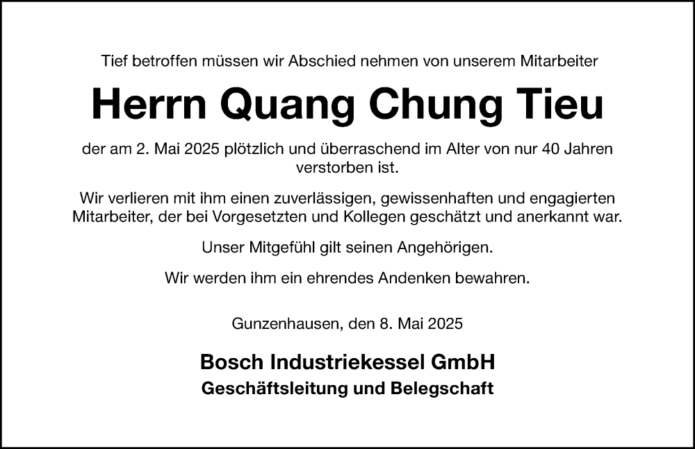  Traueranzeige für Quang Chung Tieu vom 08.05.2025 aus Altmühl-Bote Lokal