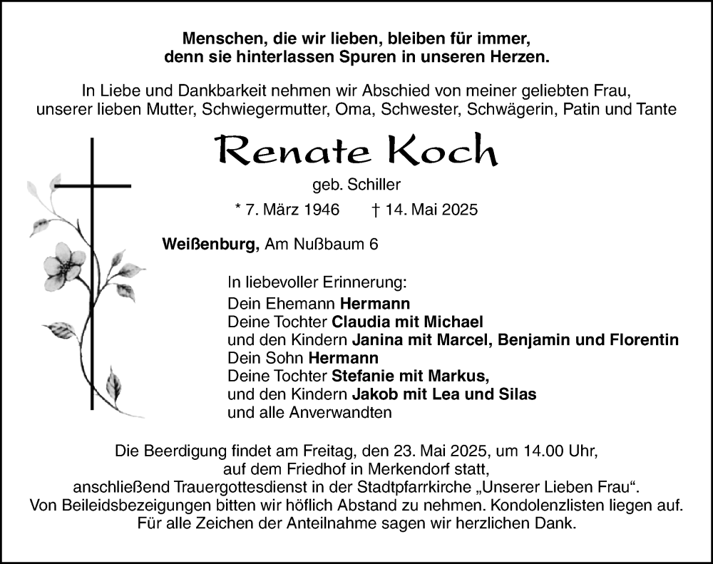  Traueranzeige für Renate Koch vom 17.05.2025 aus Roth-Hilpoltsteiner Volkszeitung Lokal