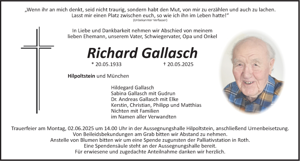  Traueranzeige für Richard Gallasch vom 28.05.2025 aus Roth-Hilpoltsteiner Volkszeitung Lokal