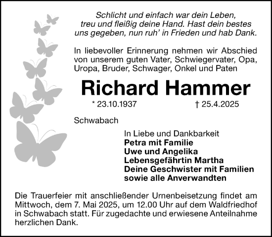 Traueranzeige von Richard Hammer von Schwabacher Tagblatt Lokal