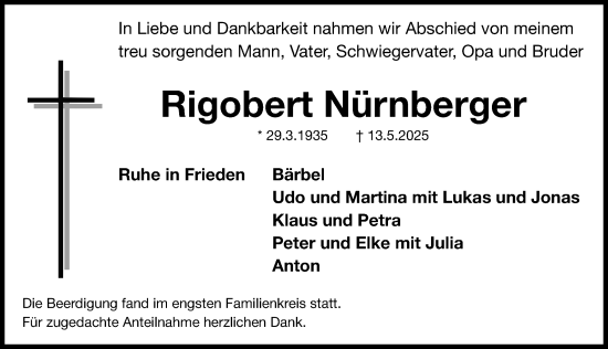 Traueranzeige von Rigobert Nürnberger von Fürther Nachrichten Lokal