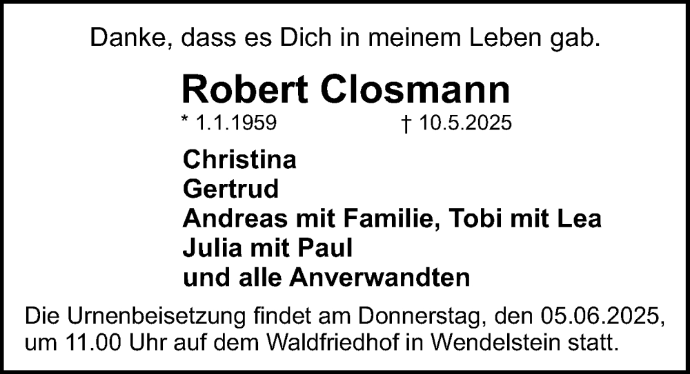  Traueranzeige für Robert Closmann vom 31.05.2025 aus Schwabacher Tagblatt Lokal