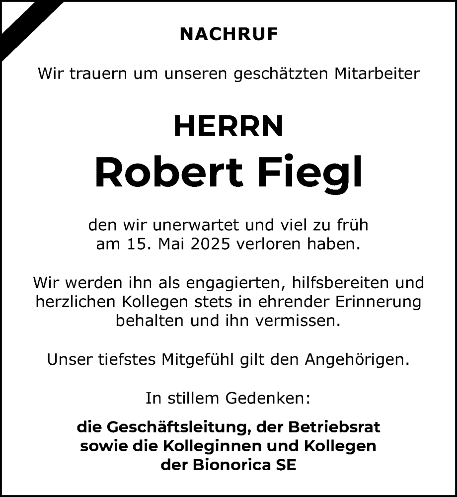  Traueranzeige für Robert Fiegl vom 31.05.2025 aus Roth-Hilpoltsteiner Volkszeitung Lokal
