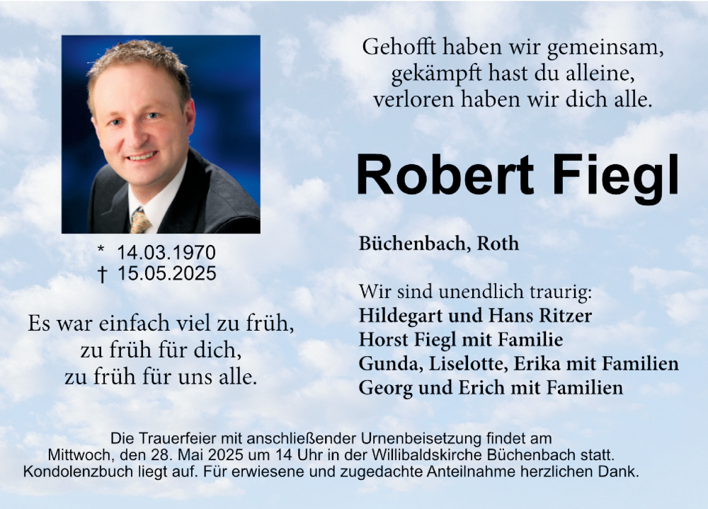  Traueranzeige für Robert Fiegl vom 24.05.2025 aus Roth-Hilpoltsteiner Volkszeitung Lokal