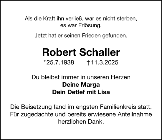 Traueranzeige von Robert Schaller von Fürther Nachrichten Lokal