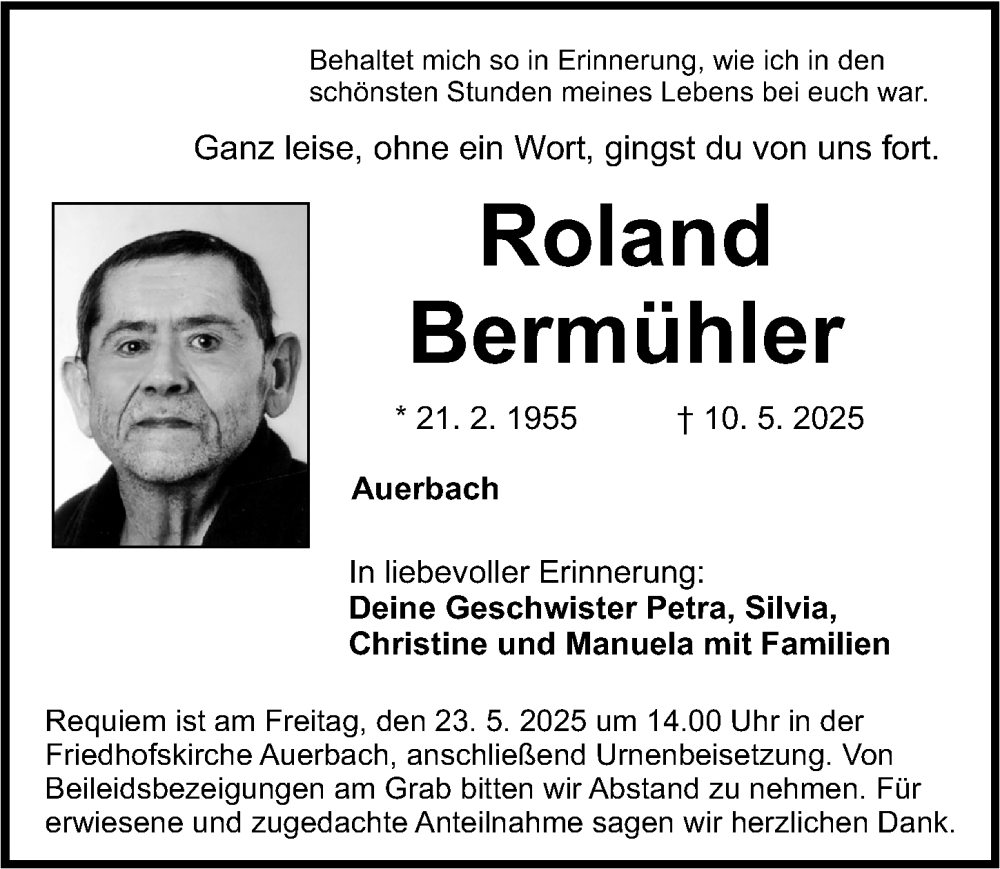  Traueranzeige für Roland Bermühler vom 17.05.2025 aus Nordbayerische Nachrichten Pegnitz Lokal