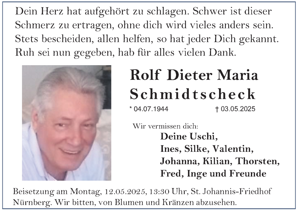  Traueranzeige für Rolf Dieter Maria Schmidtscheck vom 10.05.2025 aus Gesamtausgabe Nürnberger Nachrichten/ Nürnberger Ztg.