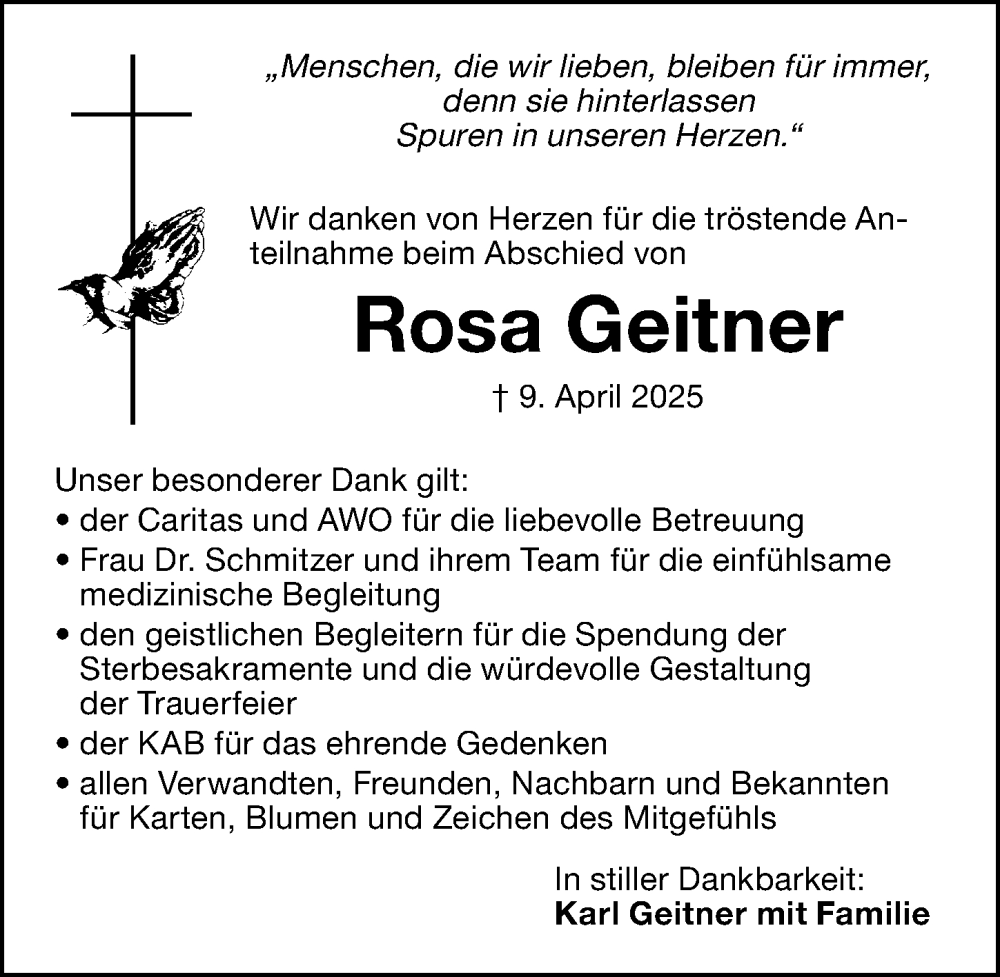  Traueranzeige für Rosa Geitner vom 10.05.2025 aus Roth-Hilpoltsteiner Volkszeitung Lokal