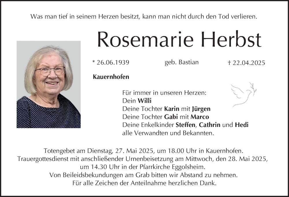  Traueranzeige für Rosemarie Herbst vom 24.05.2025 aus Nordbayerische Nachrichten Forchheim Lokal