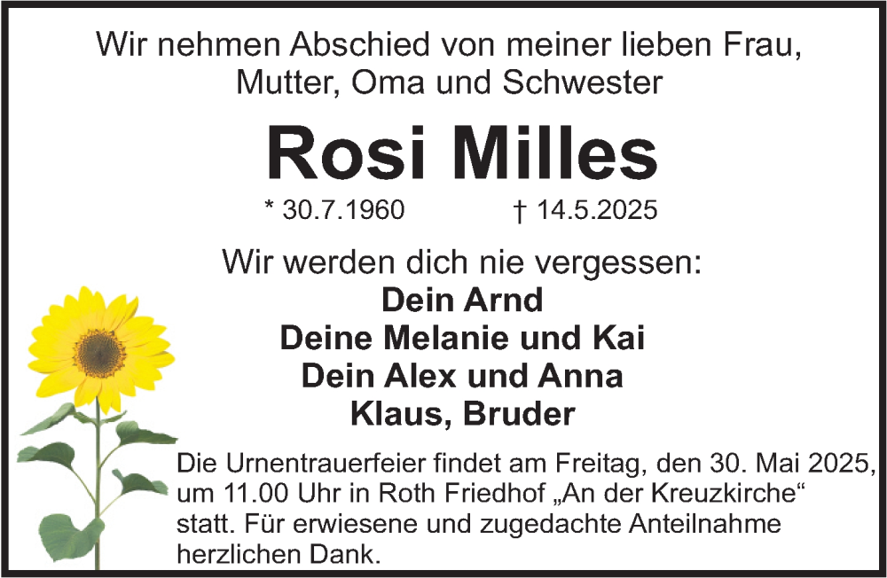  Traueranzeige für Rosi Milles vom 24.05.2025 aus Roth-Hilpoltsteiner Volkszeitung Lokal
