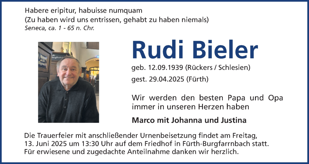  Traueranzeige für Rudi Bieler vom 17.05.2025 aus Fürther Nachrichten Lokal
