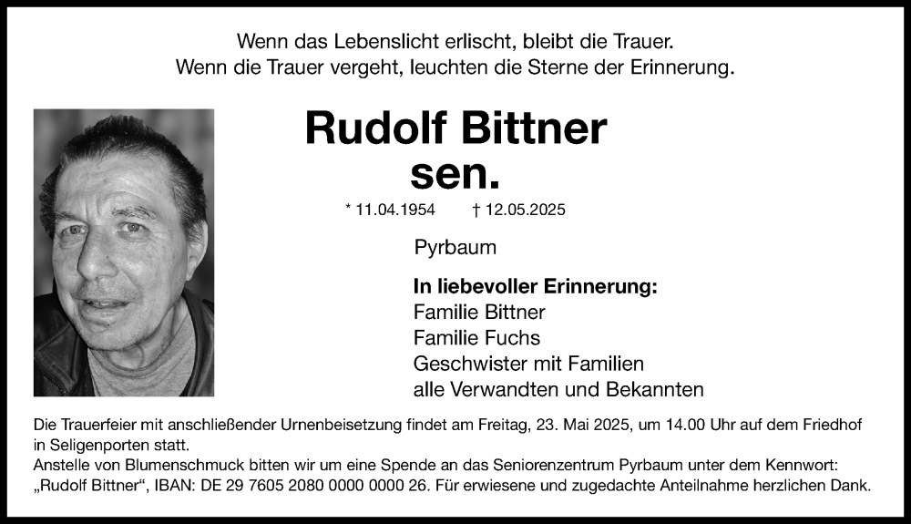  Traueranzeige für Rudolf Bittner vom 21.05.2025 aus Neumarkter Nachrichten Lokal