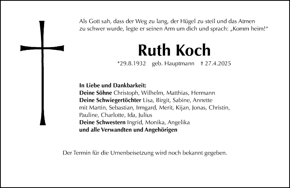  Traueranzeige für Ruth Koch vom 03.05.2025 aus Fürther Nachrichten/ Gesamtausgabe Nürnberger Nachrichten/ Nürnberger Ztg.