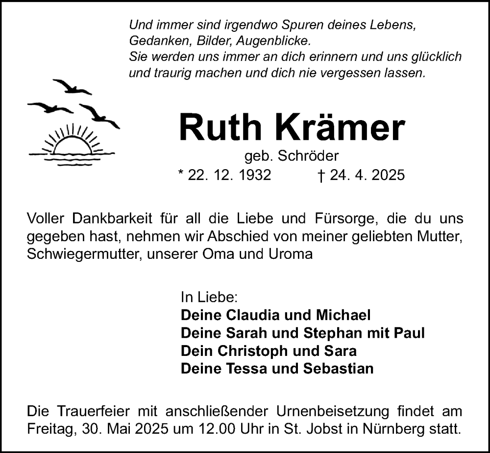  Traueranzeige für Ruth Krämer vom 24.05.2025 aus Gesamtausgabe Nürnberger Nachrichten/ Nürnberger Ztg.