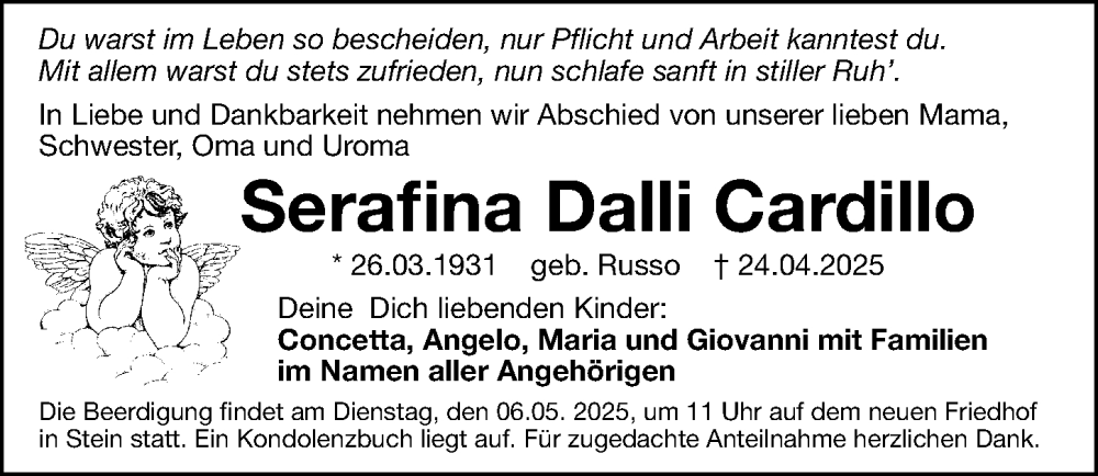  Traueranzeige für Serafina Dalli Cardillo vom 03.05.2025 aus Gesamtausgabe Nürnberger Nachrichten/ Nürnberger Ztg.