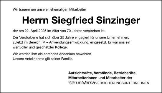Traueranzeige von Siegfried Sinzinger von Gesamtausgabe Nürnberger Nachrichten/ Nürnberger Ztg.