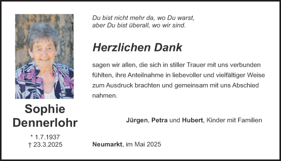 Traueranzeige von Sophie Dennerlohr von Neumarkter Nachrichten Lokal