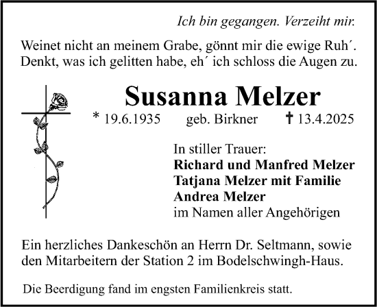 Traueranzeige von Susanna Melzer von Erlanger Nachrichten Lokal
