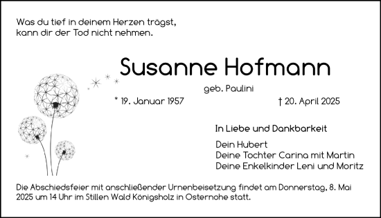 Traueranzeige von Susanne Hofmann von Nordbayerische Nachrichten Forchheim Lokal