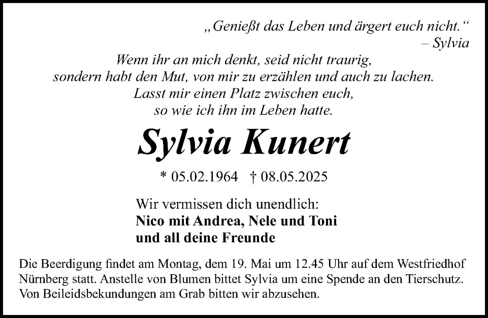  Traueranzeige für Sylvia Kunert vom 14.05.2025 aus Gesamtausgabe Nürnberger Nachrichten/ Nürnberger Ztg.