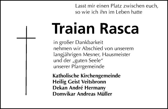 Traueranzeige von Traian Rasca von Gesamtausgabe Nürnberger Nachrichten/ Nürnberger Ztg.