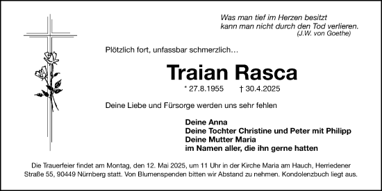 Traueranzeige von Traian Rasca von Fürther Nachrichten/ Gesamtausgabe Nürnberger Nachrichten/ Nürnberger Ztg.